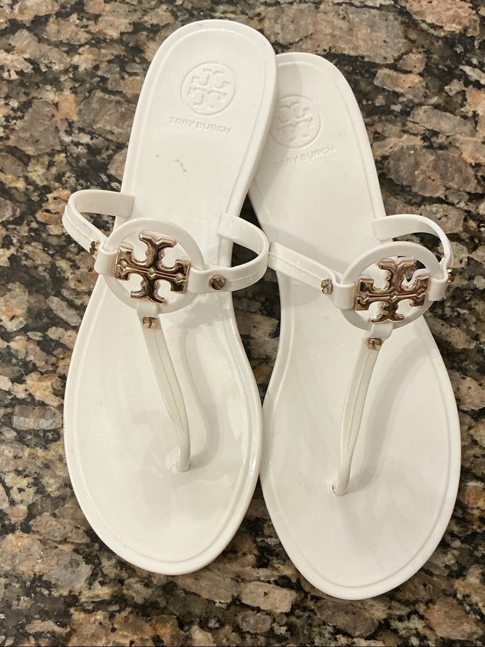 Tory Burch White Logo Medallion Thong Sandals